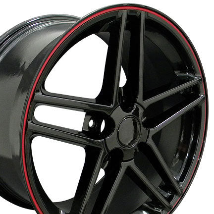 C6 Z06 CORVETTE BLACK W/ RED LIP 18X9.5/18X10.5 WHEELS, SET OF 4